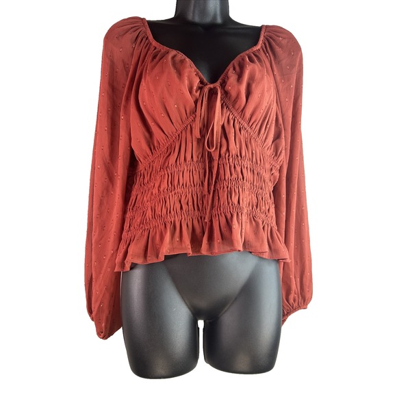 Brick Red‎ Sheer Peasant Top Blouse Women's Smocked Crop Size L - Picture 1 of 9